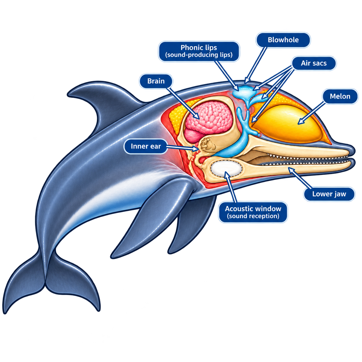 Cross-section of a dolphin's head: melon, air sacs, phonic lips, inner ear and acoustic window