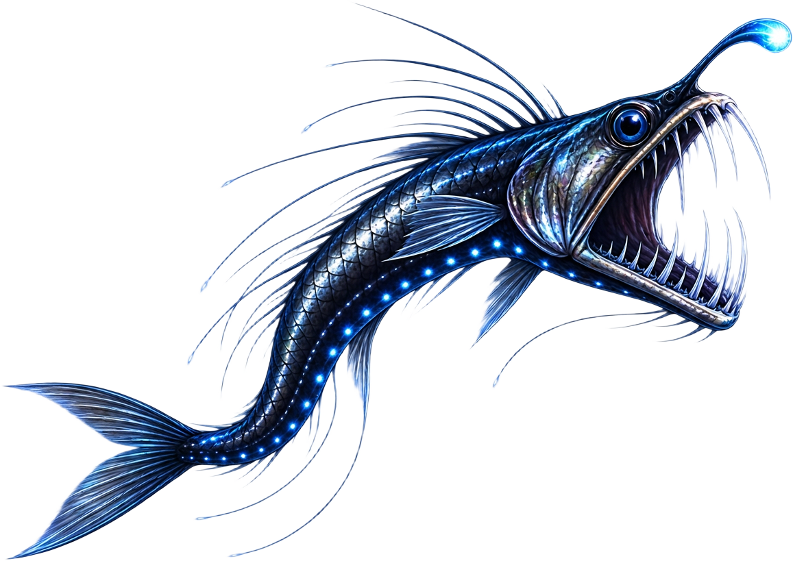 ניבן תהומות (Viperfish) עם שיניים ארוכות ואיבר פולט אור