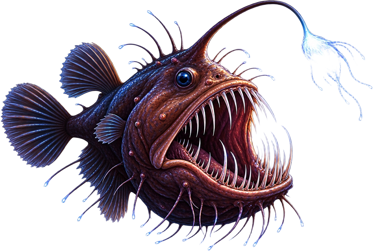 חכאי (Anglerfish) עם פה גדול ואיבר פולט אור